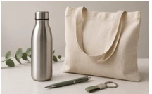 Garrafa, ecobag, caneta e chaveiro personalizados